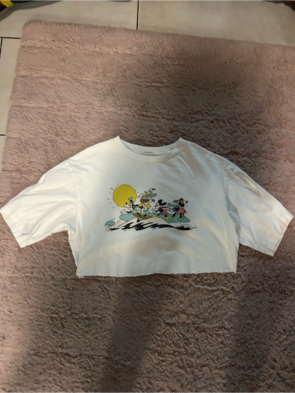Disney White Cropped Tee with Classic Character Surf Graphic